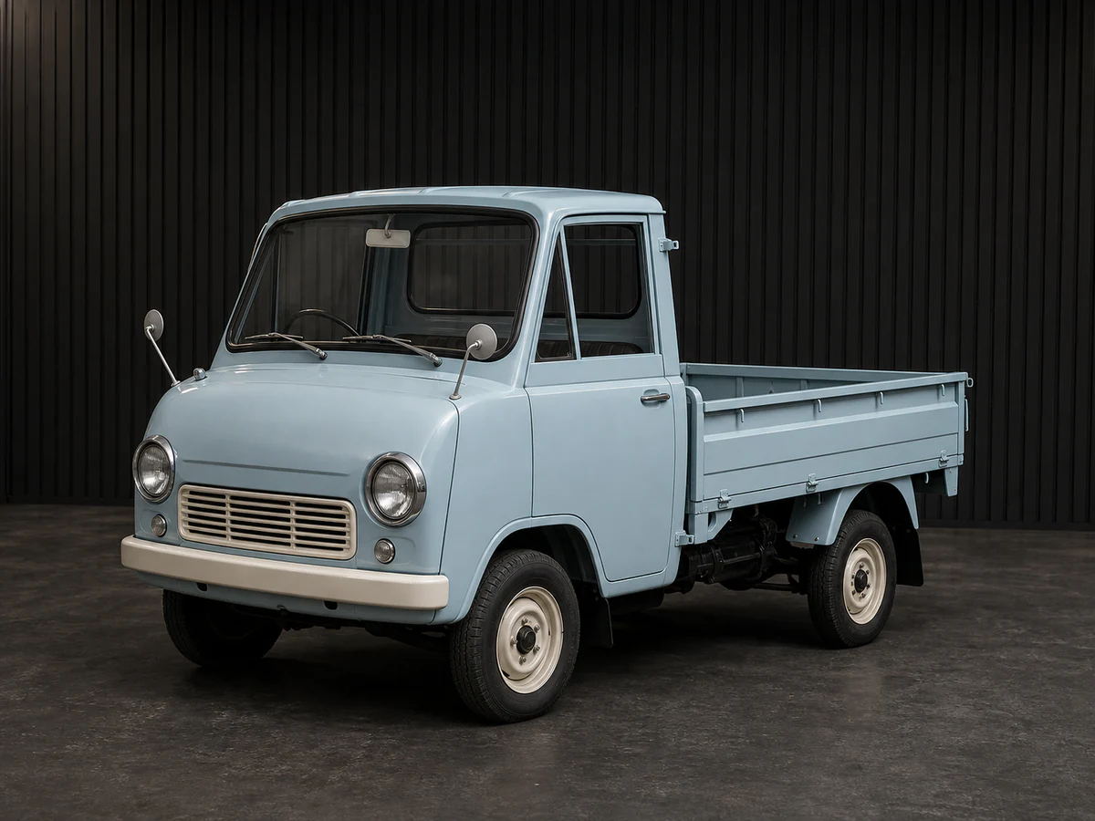 First-generation 1960 Daihatsu Hijet kei pickup in a dark grooved-wall studio