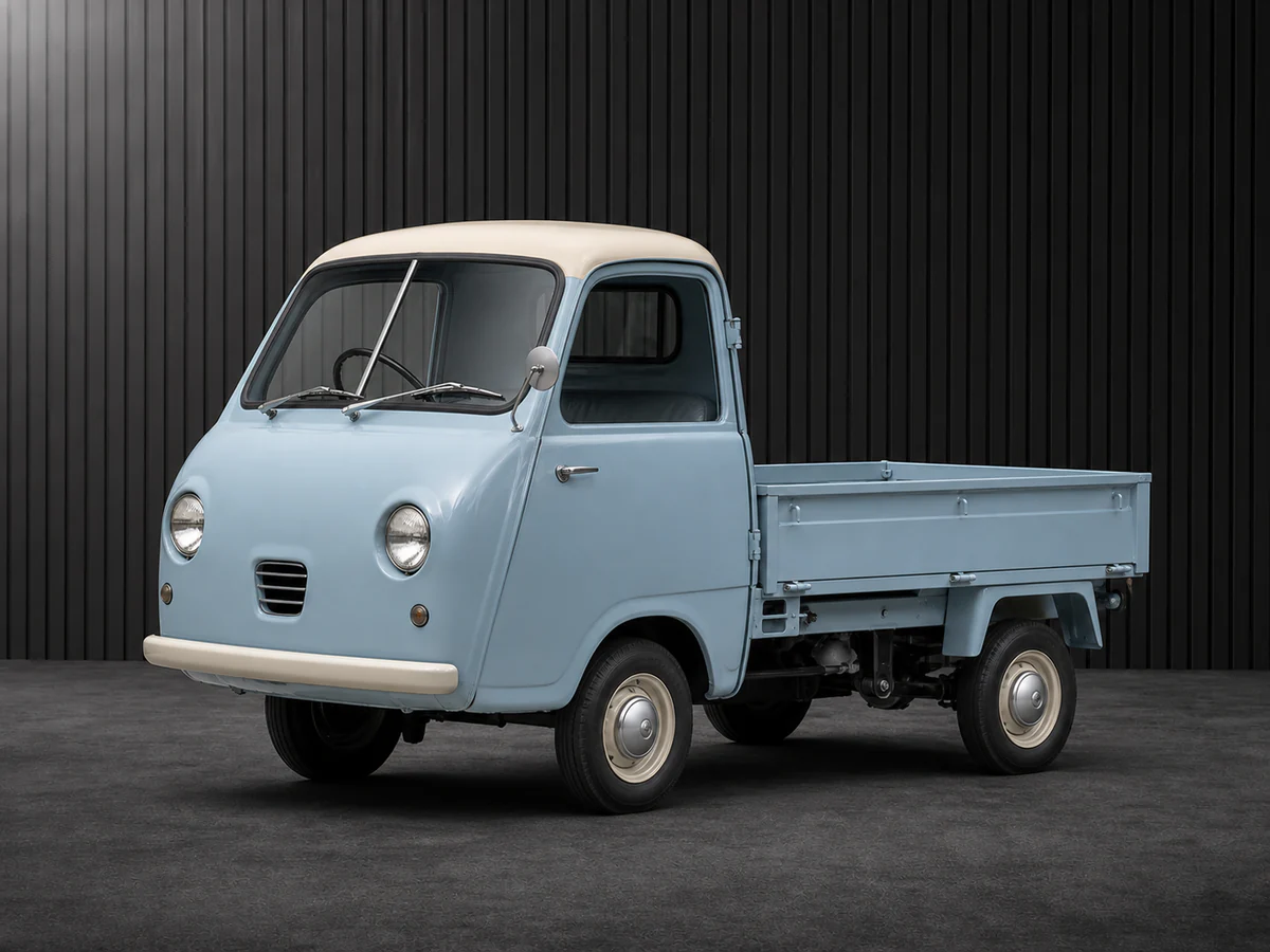 First-generation 1961 Subaru Sambar kei truck in a dark grooved-wall studio