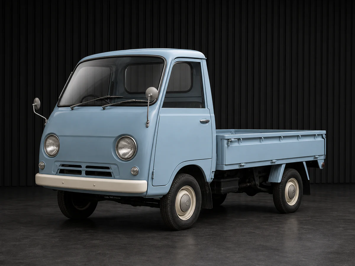 First-generation 1966 Mitsubishi Minicab LT30-style kei truck in a dark grooved-wall studio