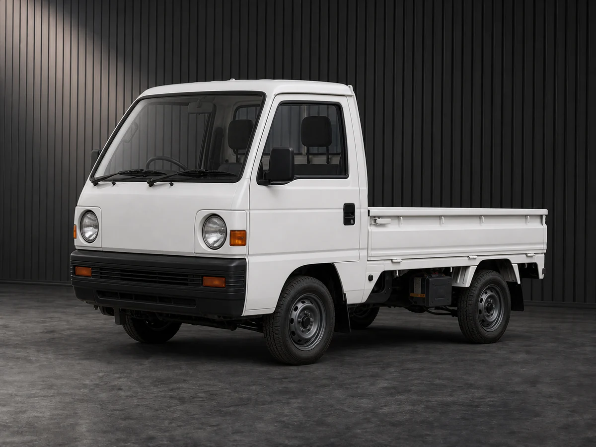 Early-1990s Subaru Sambar KS4 4WD kei truck in a dark grooved-wall studio
