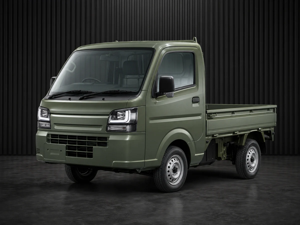 Current ivy-green Mitsubishi Minicab DS16T-style 4WD kei truck in a dark grooved-wall studio