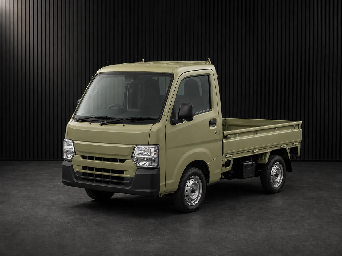 Current khaki Subaru Sambar S510J kei truck in a dark grooved-wall studio