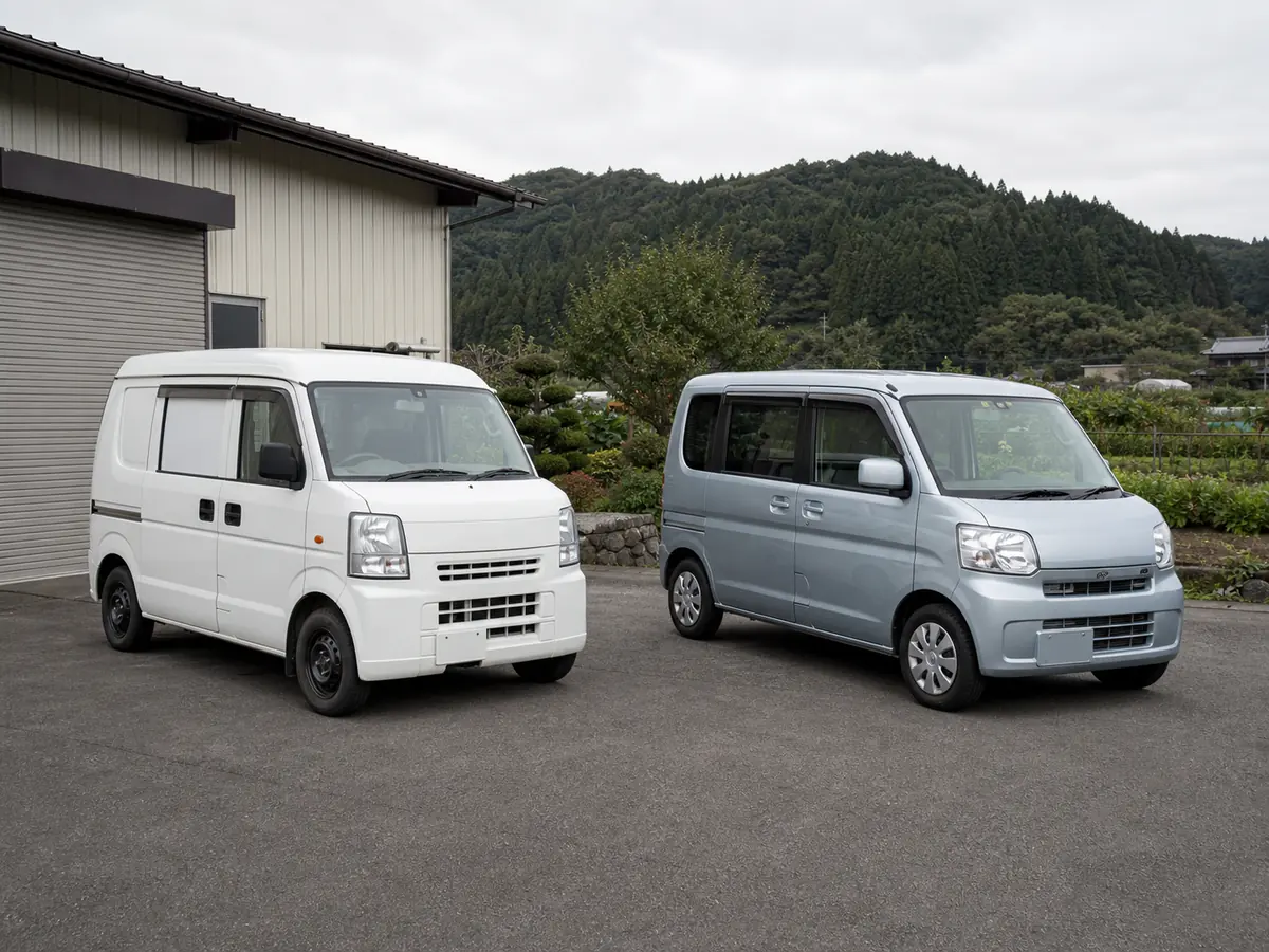 Commercial cargo and passenger-oriented Japanese kei vans parked side by side