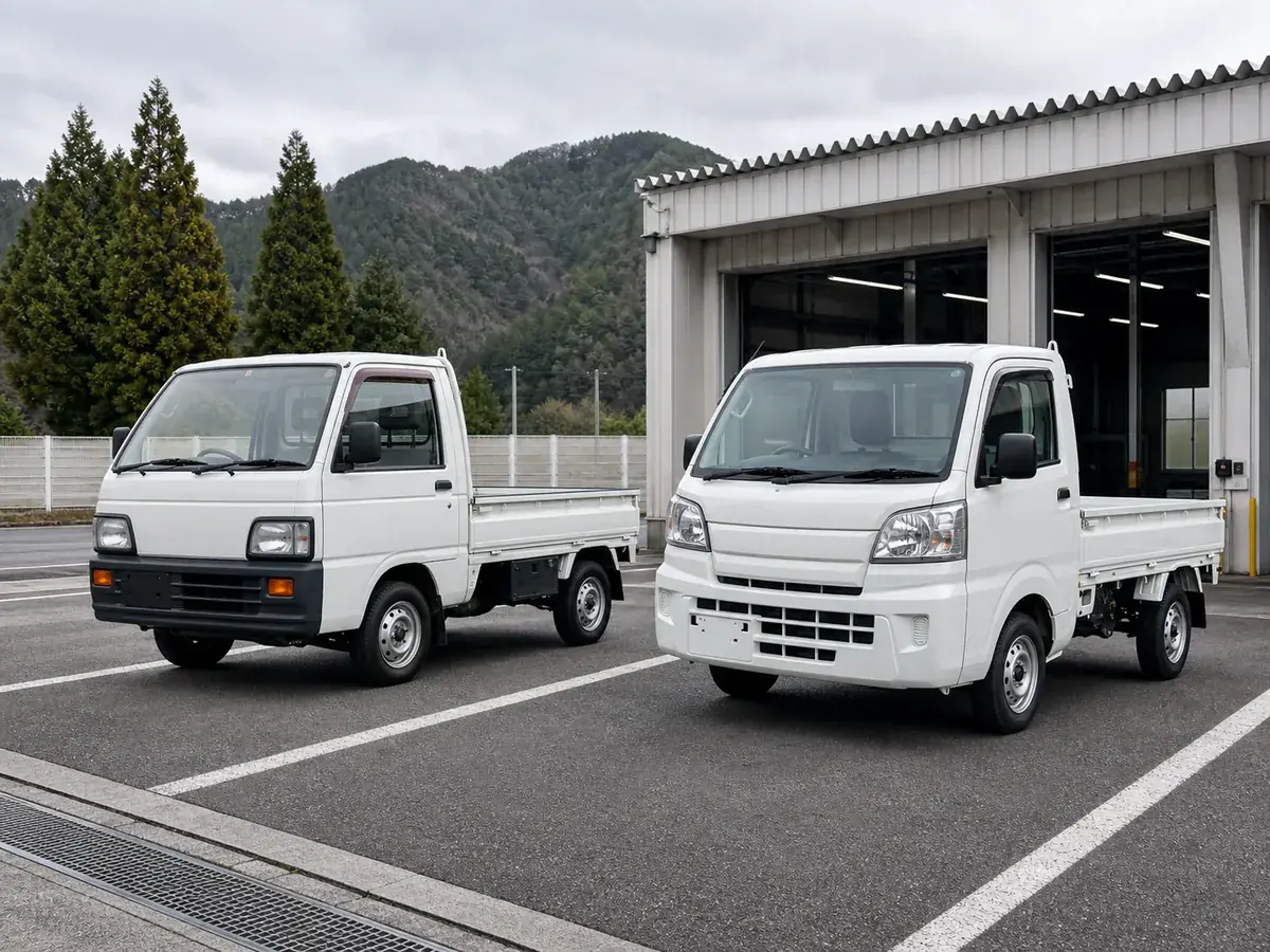 Classic 1990s and modern 2020s Japanese kei trucks parked side by side