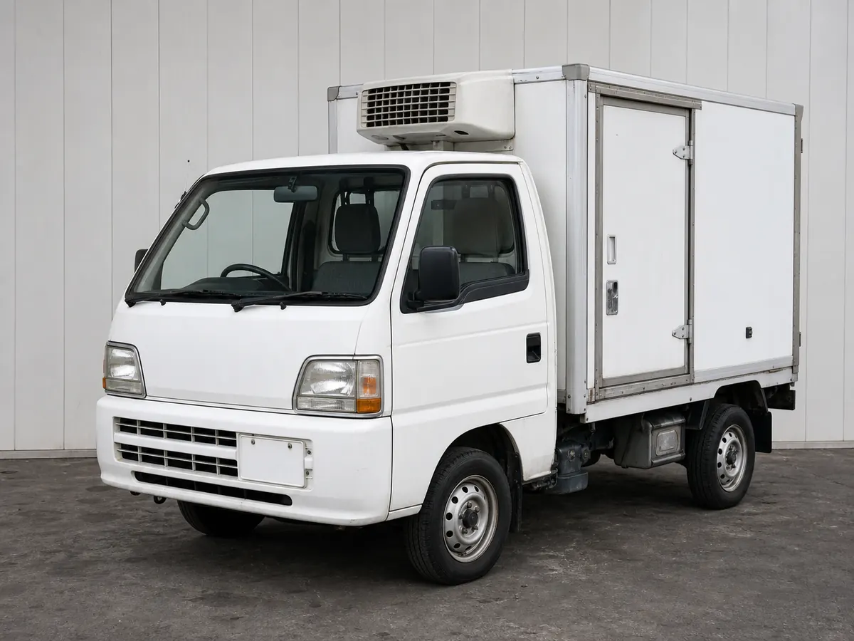 Late-1990s style Japanese refrigerated kei box truck in a neutral grooved-wall studio
