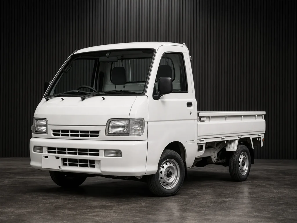 White Daihatsu Hijet kei truck photographed against a dark grooved wall