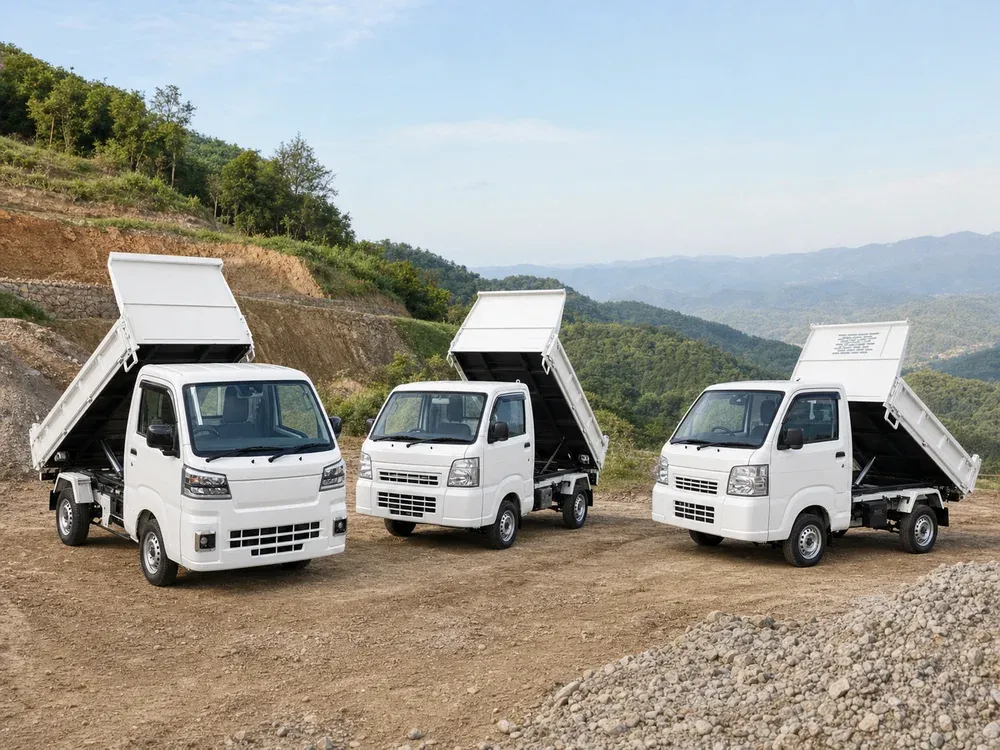 Kei truck dump bed — Japanese mini-tipper illustrations with raised dump beds.