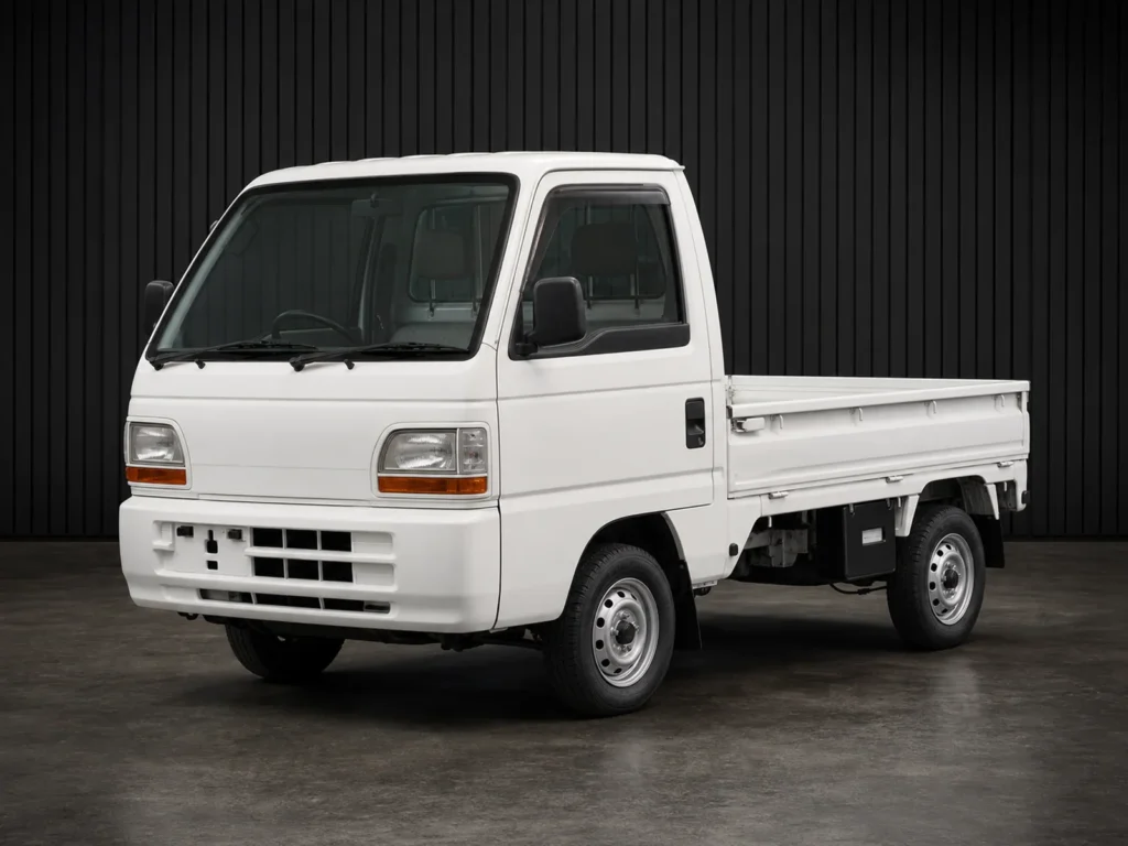 White Honda Acty kei truck photographed against a dark grooved wall