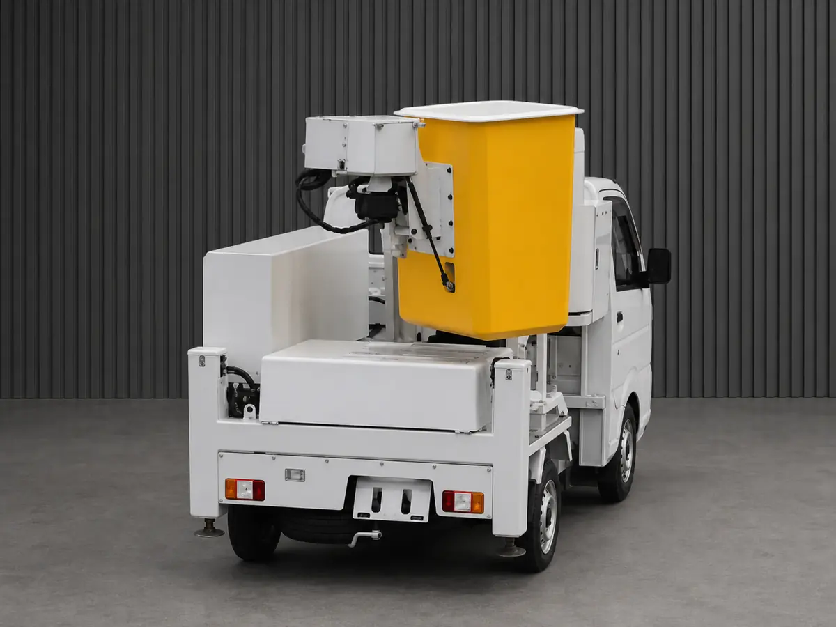 Rear view of a kei bucket truck with enclosed yellow personnel basket
