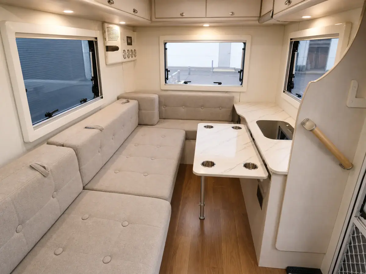 Light-coloured kei camper dinette with table and compact galley