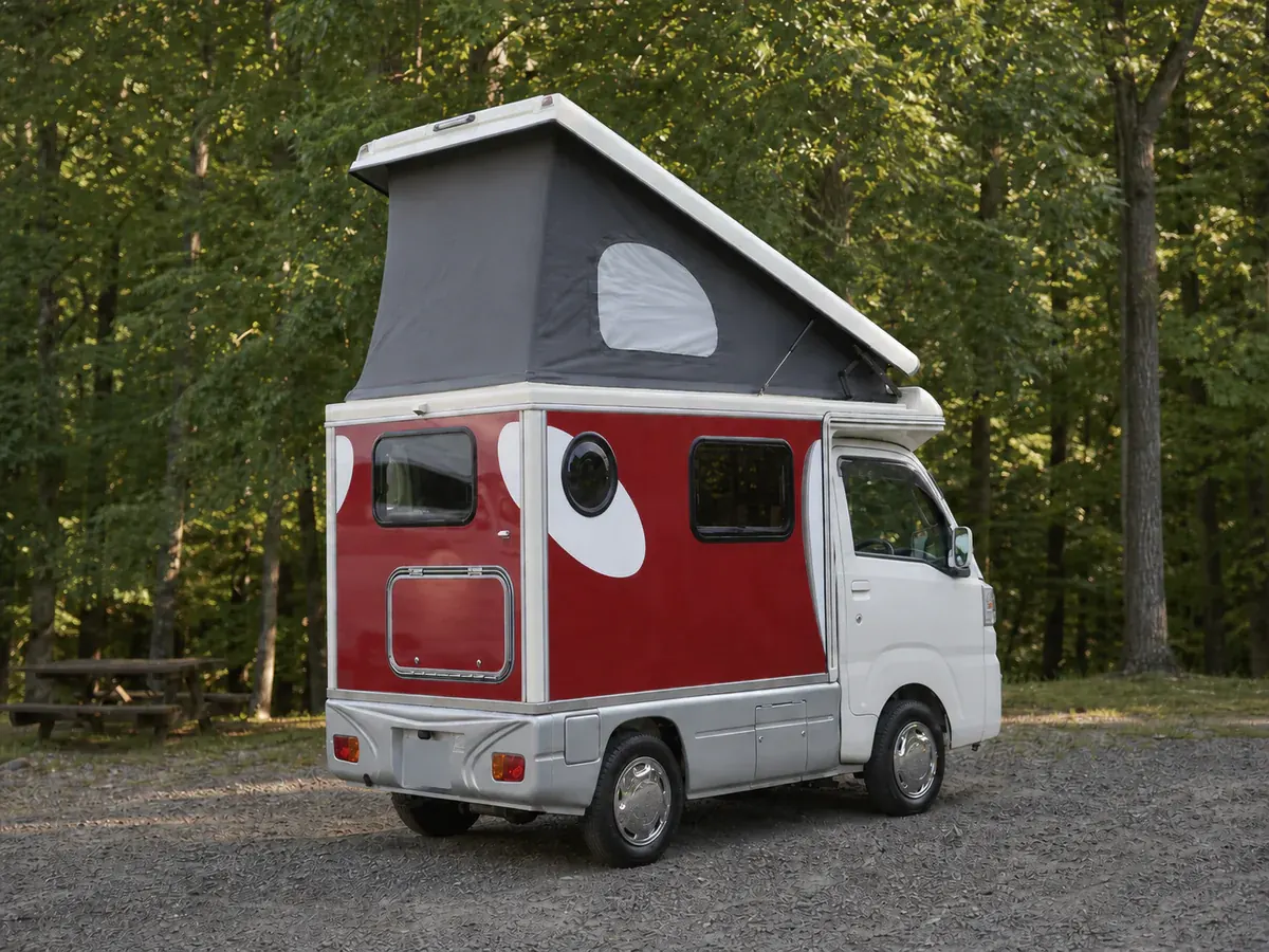 Red and white compact pop-top coachbuilt camper at a forest campsite
