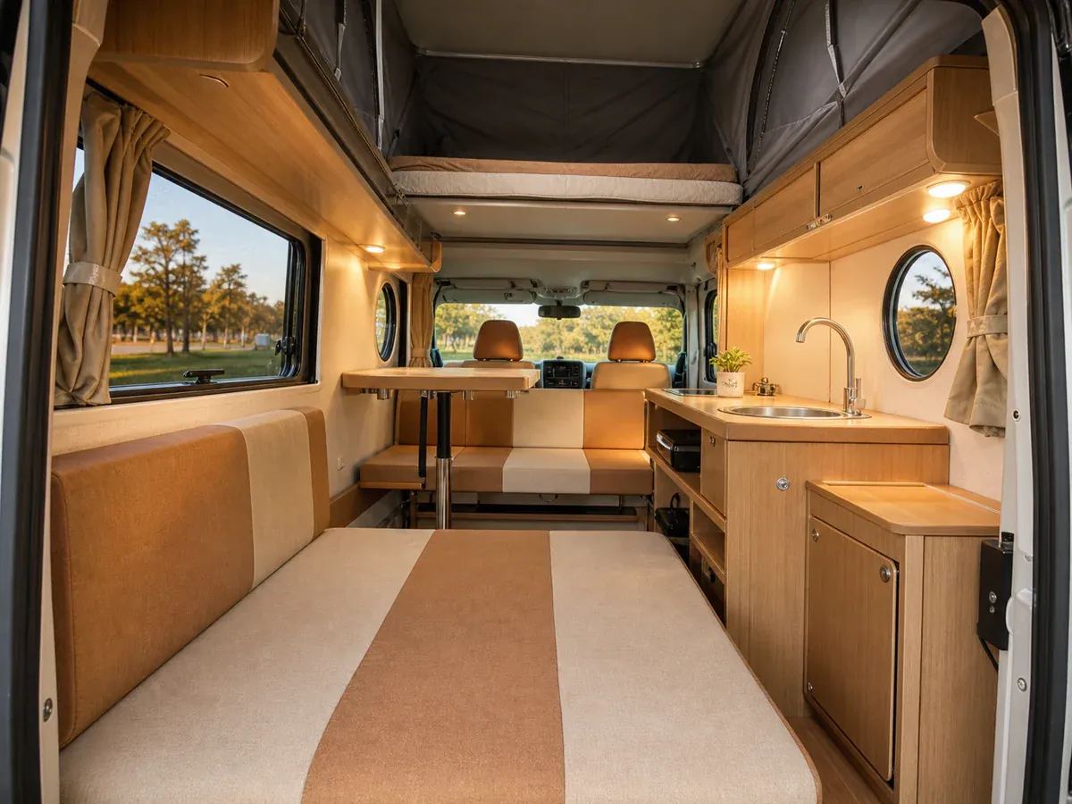 Warm wood kei camper interior with raised roof and two sleeping platforms