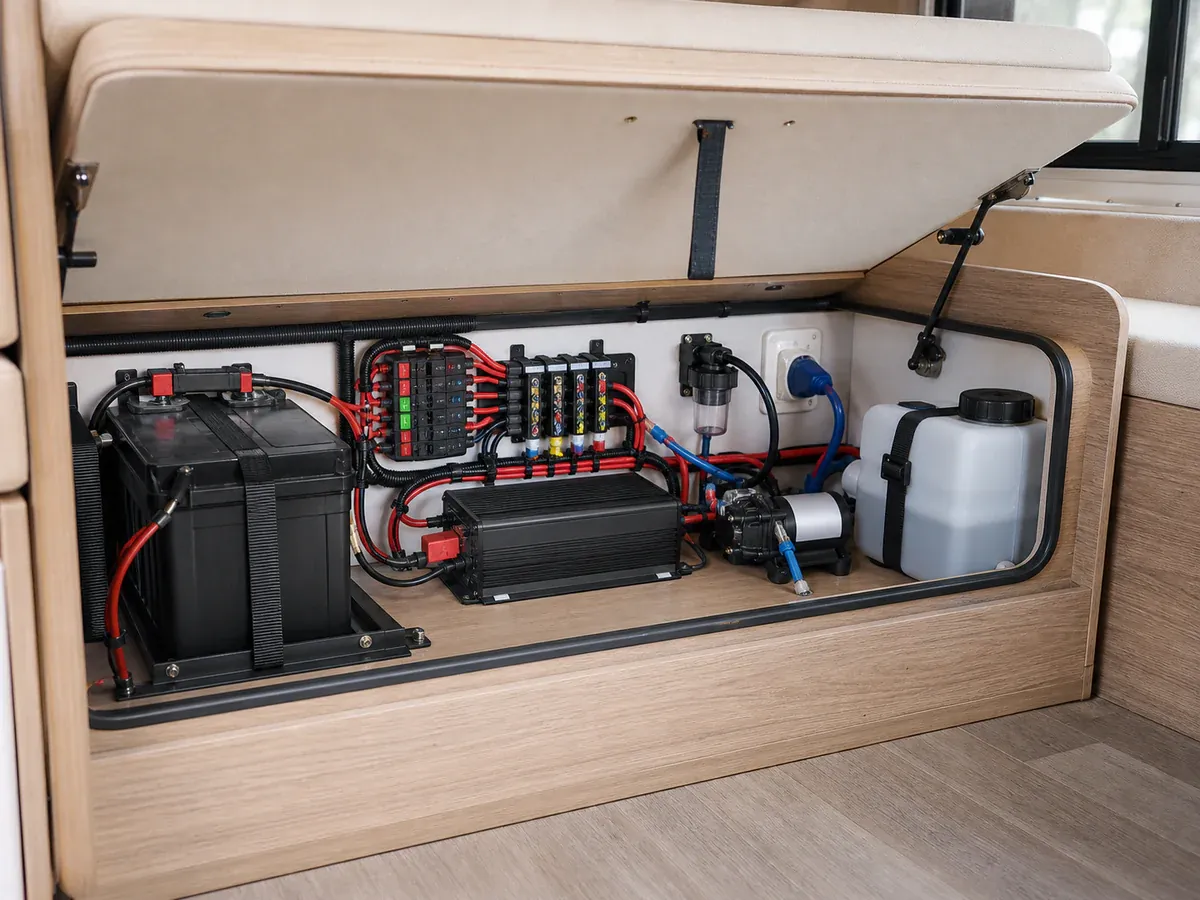 Accessible auxiliary battery electrical and water compartment in a compact camper