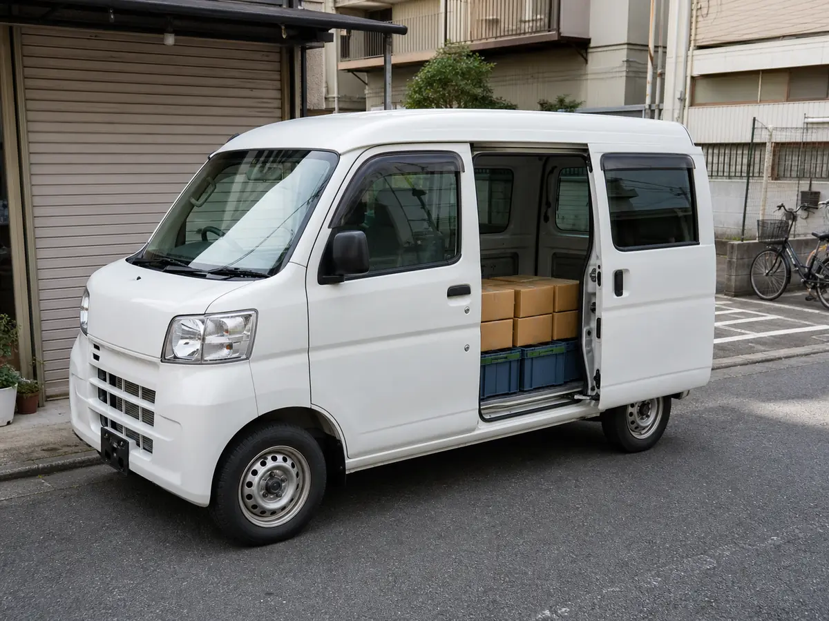 Japanese kei cargo van carrying secured parcels for a compact delivery job