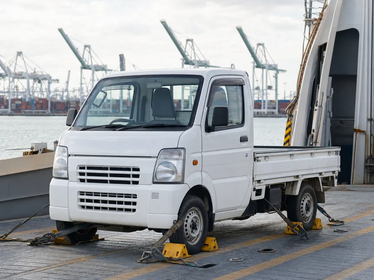 Japanese kei truck secured on a vehicle carrier at an American seaport