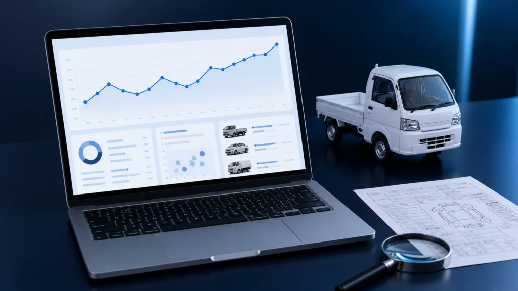 Kei truck auction price data shown on a laptop beside an inspection sheet