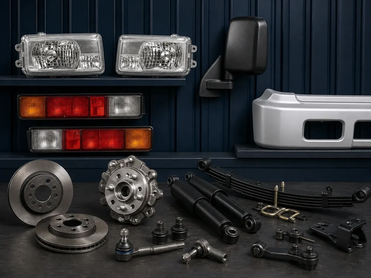 Kei-truck lighting, body, brake and suspension parts in a specialist workshop