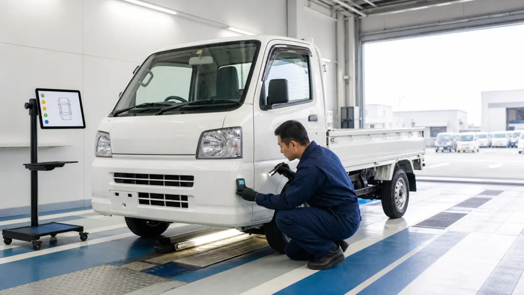 Inspector checking the body condition of a white Japanese kei truck