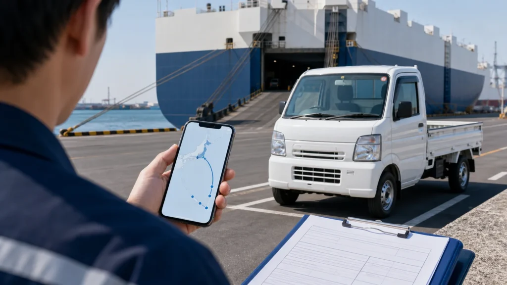 White kei truck at a Japanese roll-on roll-off export terminal