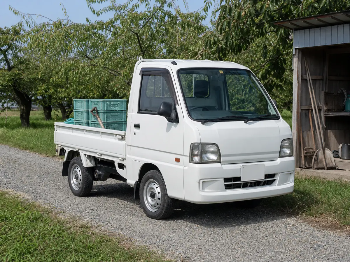 Standard Japanese kei truck carrying light farm equipment on an orchard property