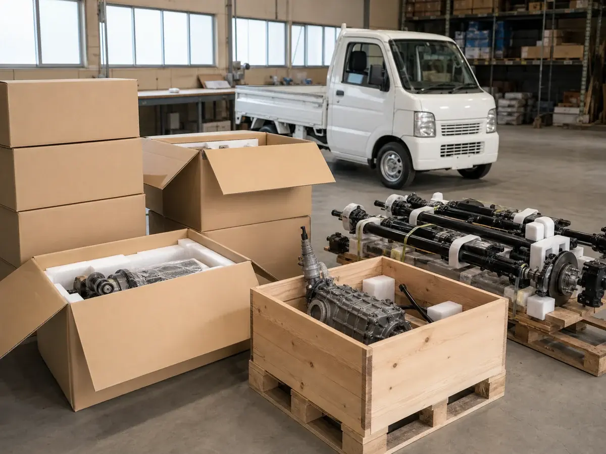Kei-truck parts protected in cartons, crates and pallet packing for export