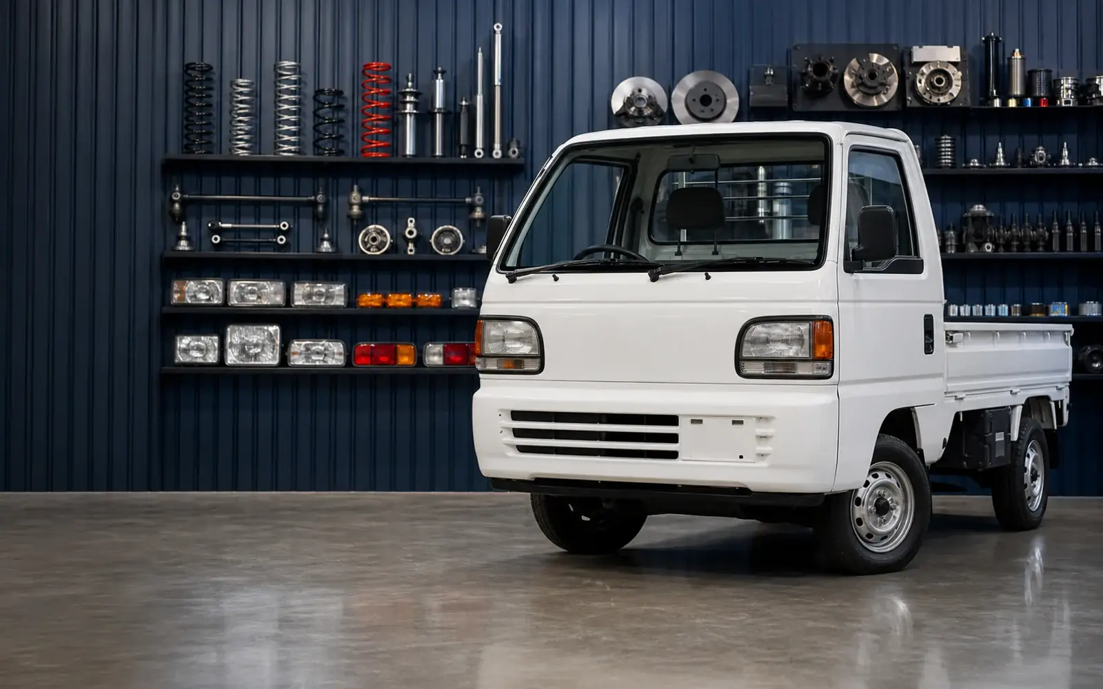 White Japanese kei truck in a specialist parts workshop