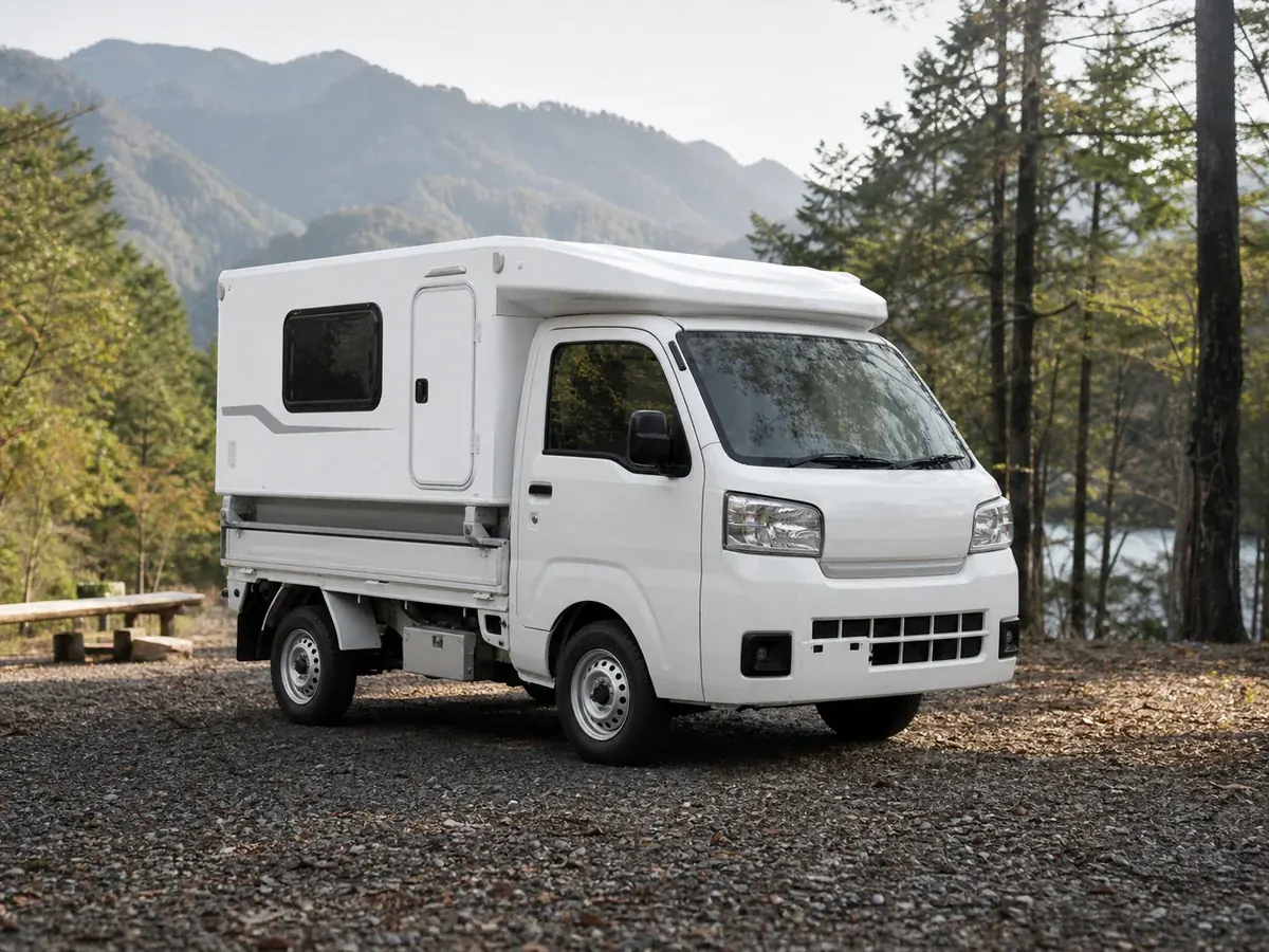 White removable camper shell carried in a compact Japanese pickup bed