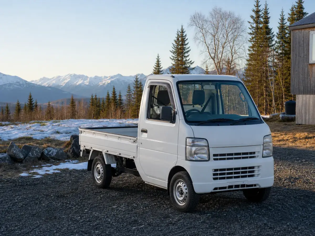 White Japanese kei truck parked on private gravel property in Alaska with spruce trees and mountains
