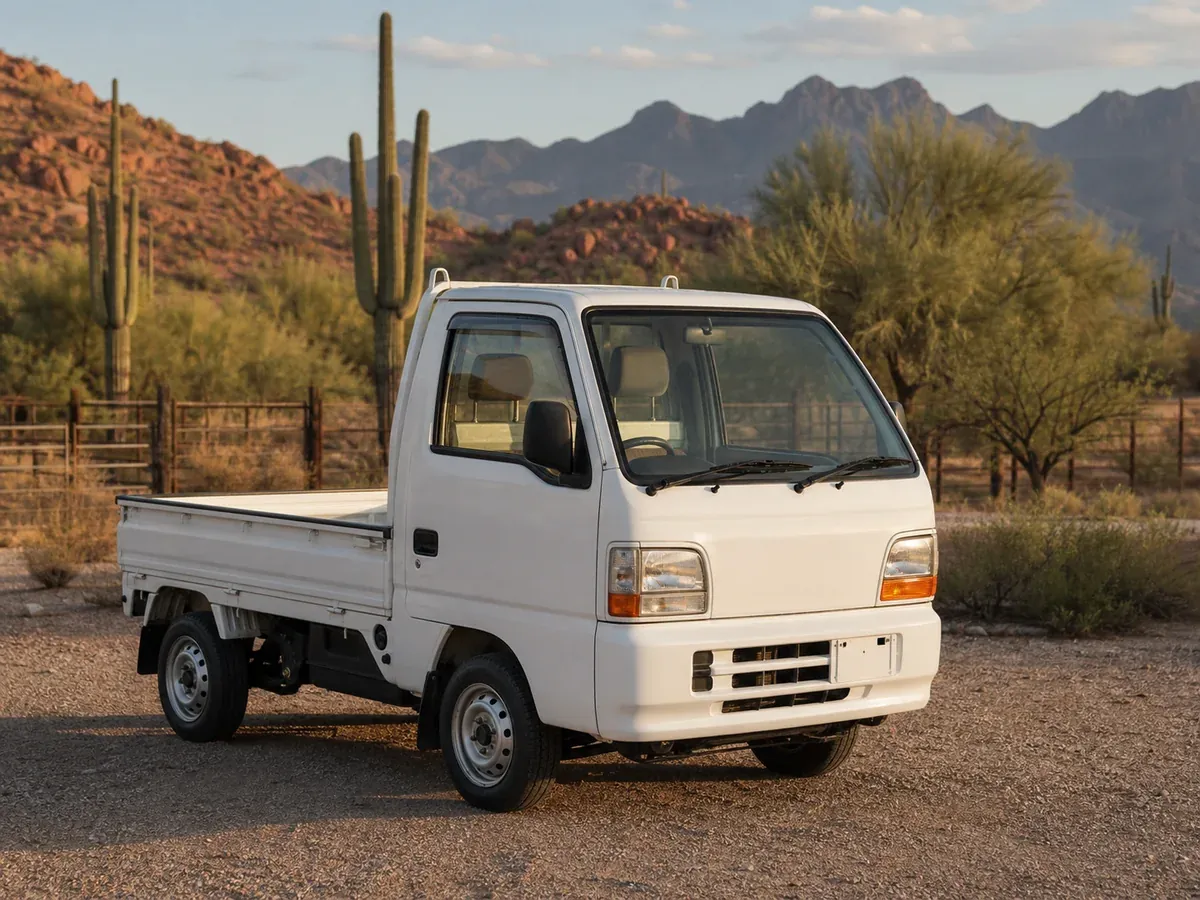 Kei trucks Arizona guide hero showing a white Japanese kei truck parked on private desert property