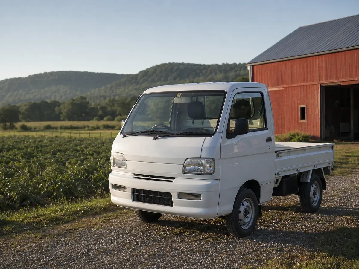 Kei truck Arkansas legal guide showing a white Japanese mini truck on private Arkansas farmland