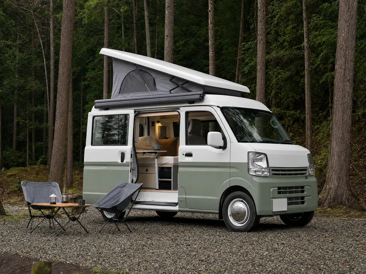 Kei camper van pop-top conversion at a forest campsite