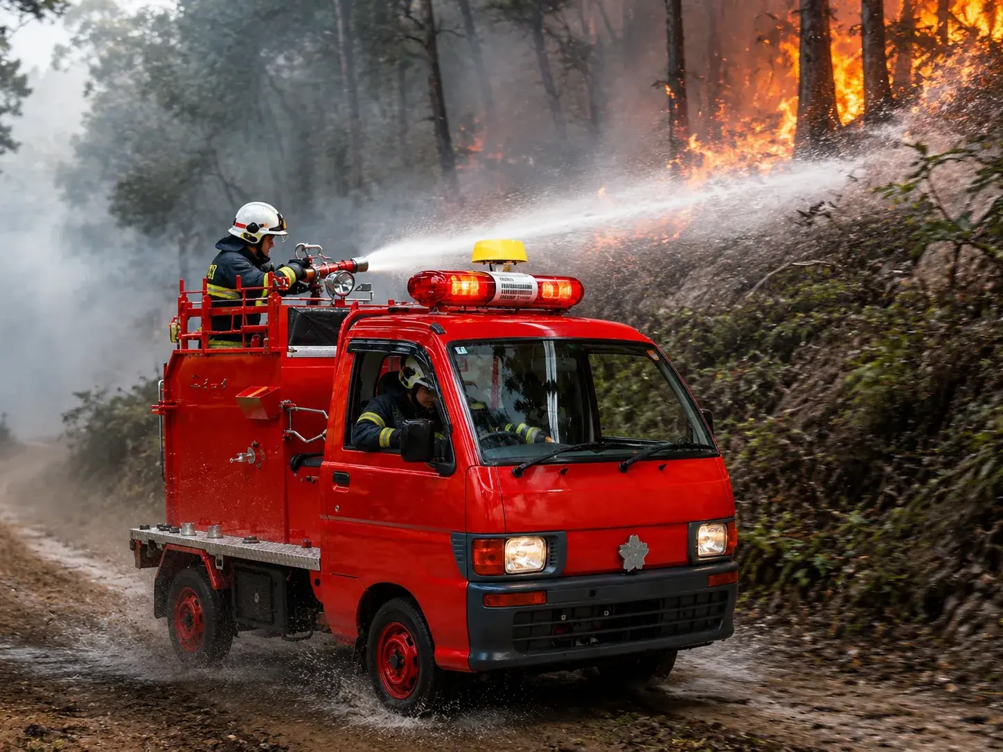 Kei fire truck — kei pump-truck illustration with hose equipment.