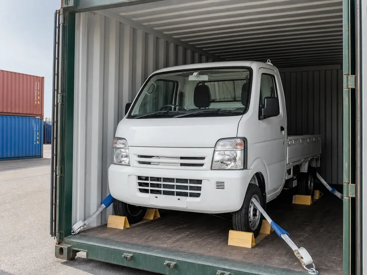 Japanese kei truck secured inside a container for export