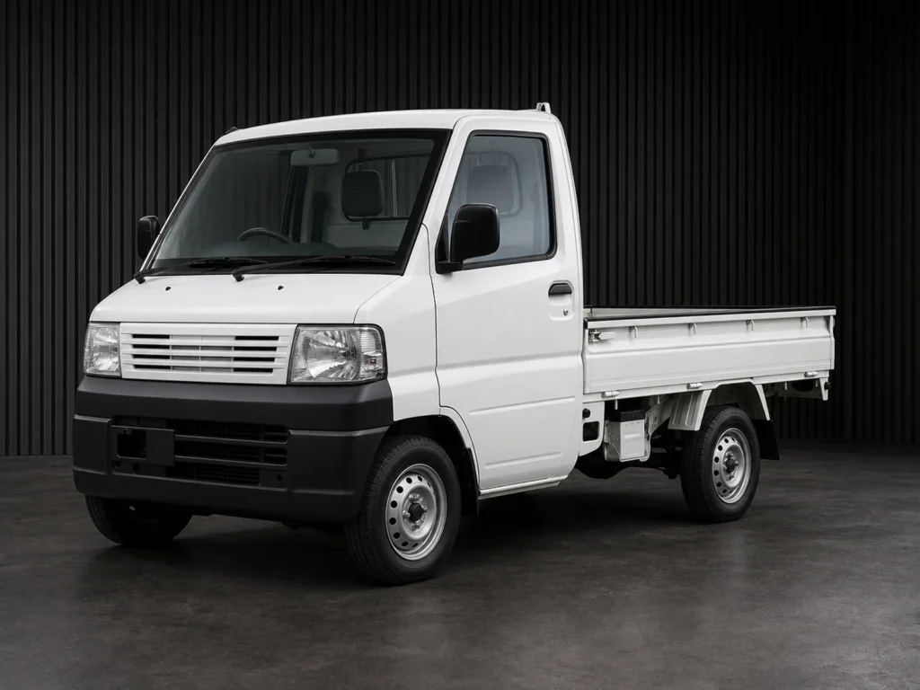 White Mitsubishi Minicab kei truck photographed against a dark grooved wall
