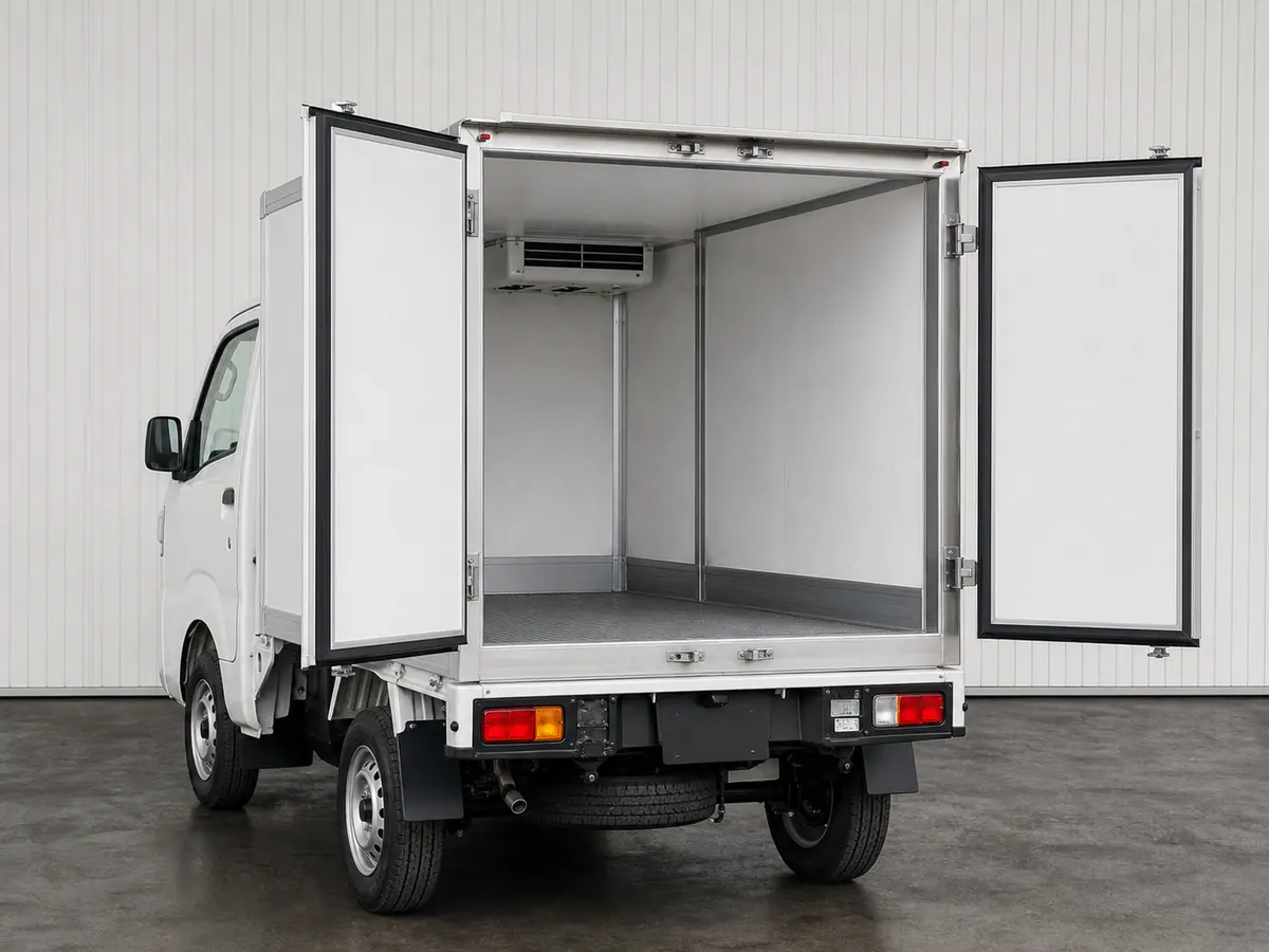 Open insulated refrigerated kei truck box showing evaporator, sealed walls and non-slip floor