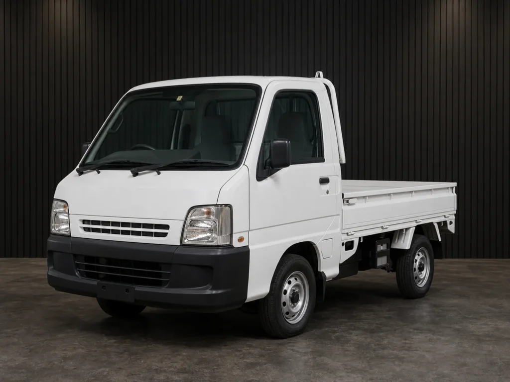 White Subaru Sambar kei truck photographed against a dark grooved wall