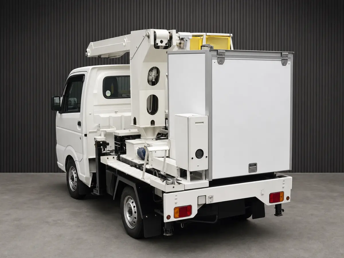 Rear machinery and folded boom on a Suzuki Carry aerial work platform