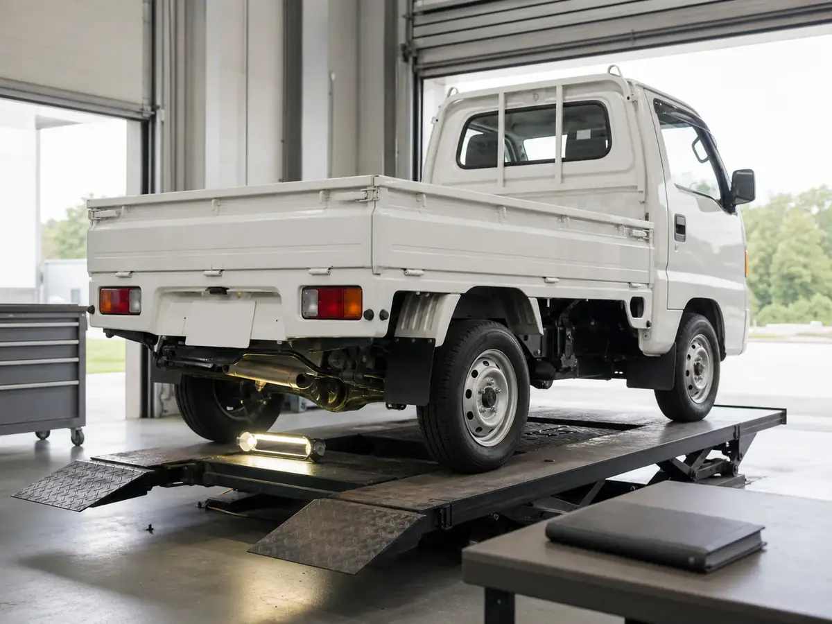Japanese kei truck undergoing chassis identity inspection in an American workshop