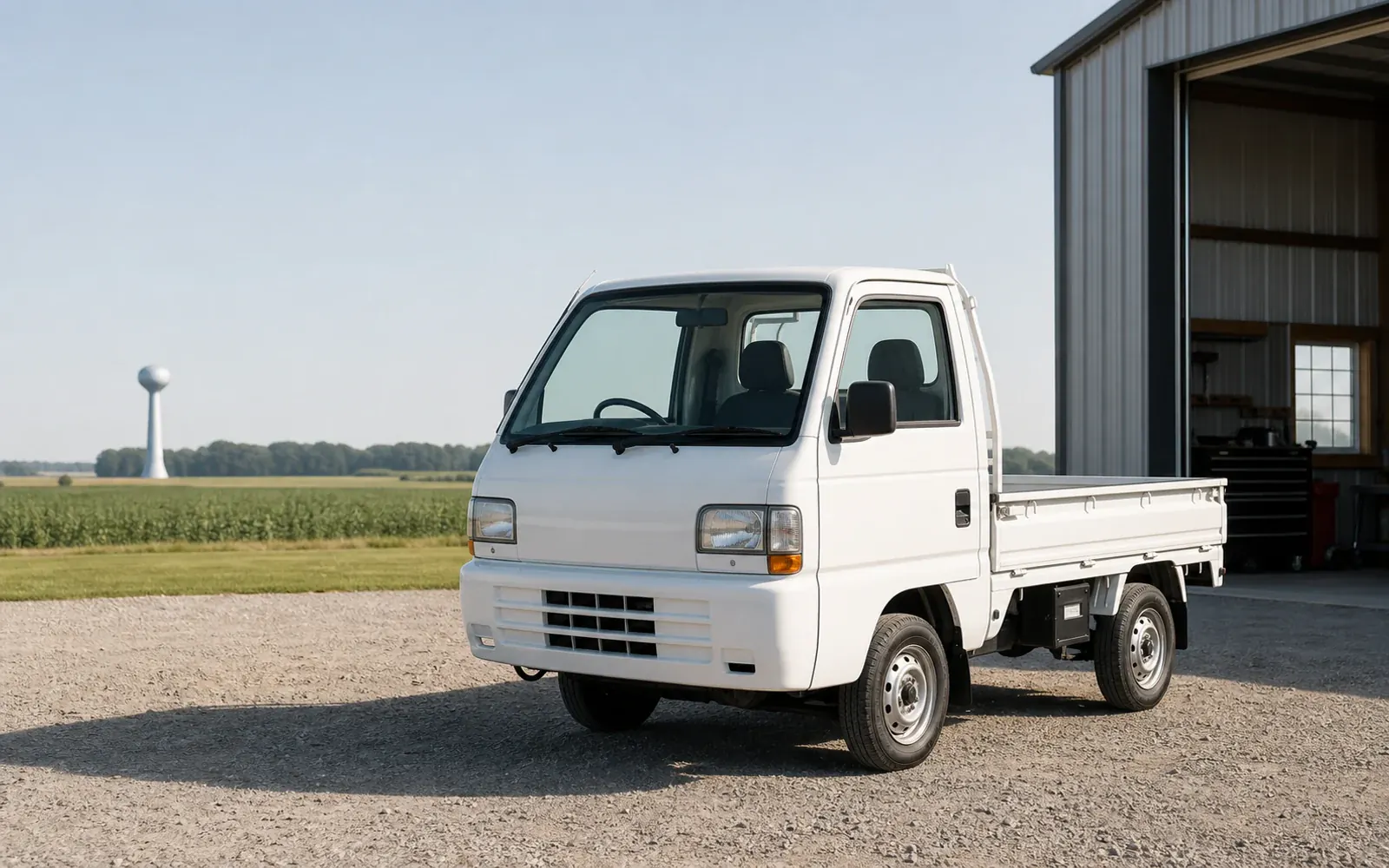White Japanese kei truck at a rural U.S. workshop, the first step to import kei truck to USA
