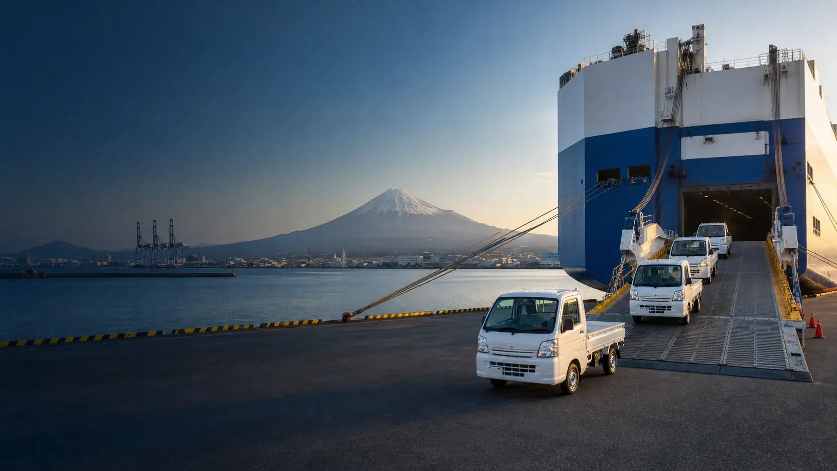 Kei trucks from Japan leaving a roll-on roll-off carrier at a Japanese port