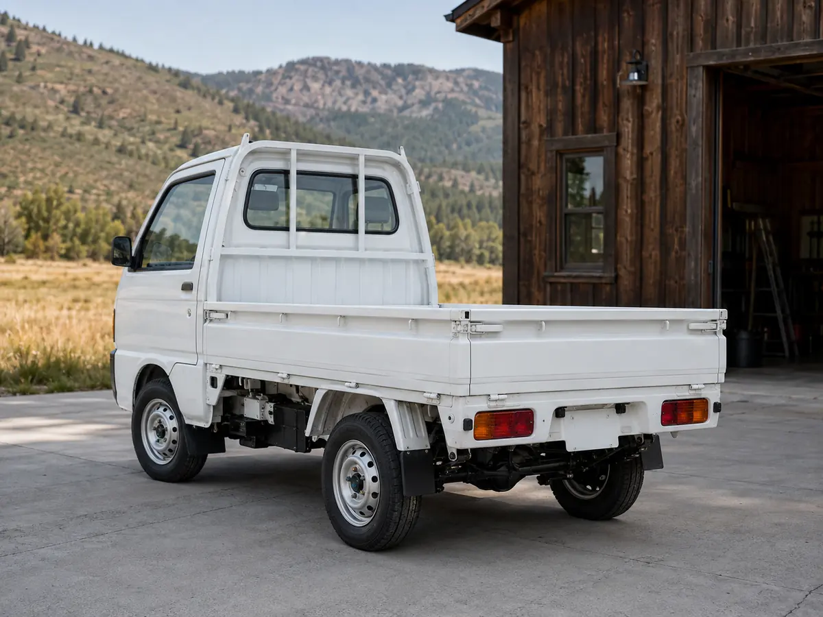 Rear of a compact Japanese pickup showing bed latches and chassis at a Colorado farm workshop