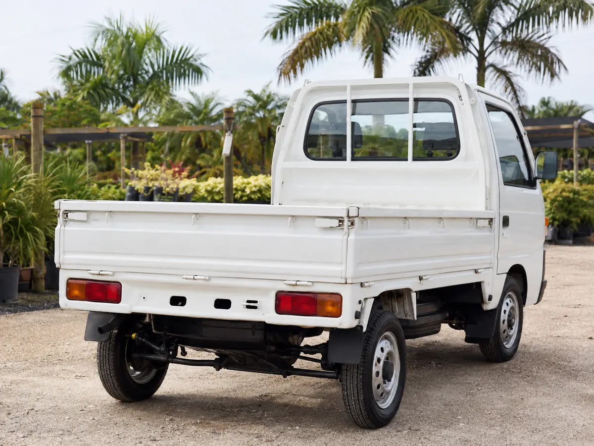 Rear view of a white kei pickup showing its drop-side bed, tailgate hinges and visible underbody