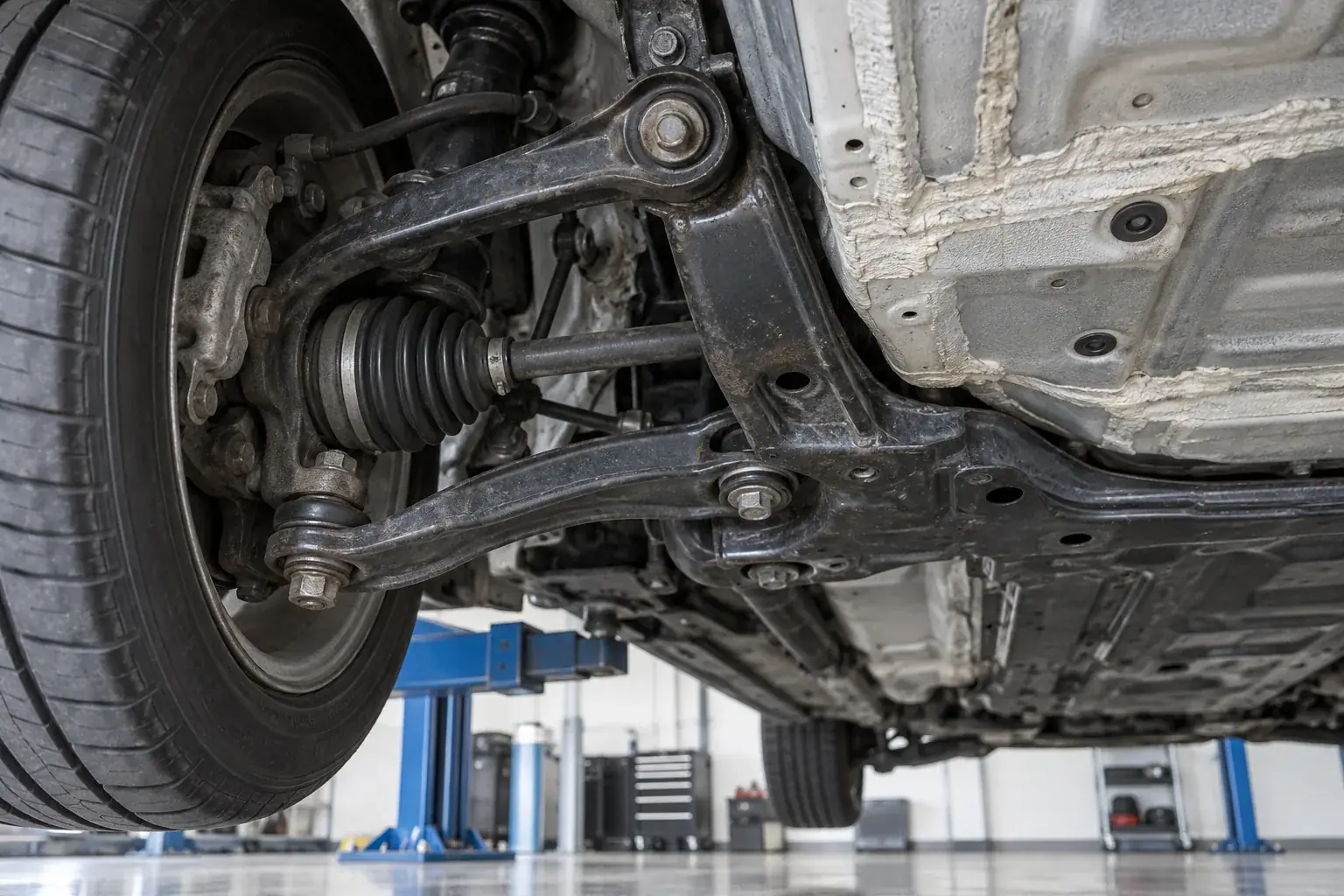 Front double-wishbone suspension and CV boot inspection on a Japanese sport compact