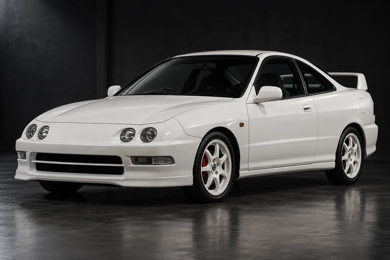 White Honda Integra Type R DC2 coupe with rear wing, front three-quarter view illustration