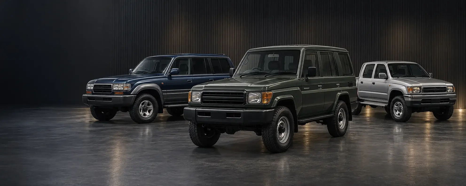 Japanese 4x4s: classic utility wagon, touring wagon and diesel pickup in a dark studio