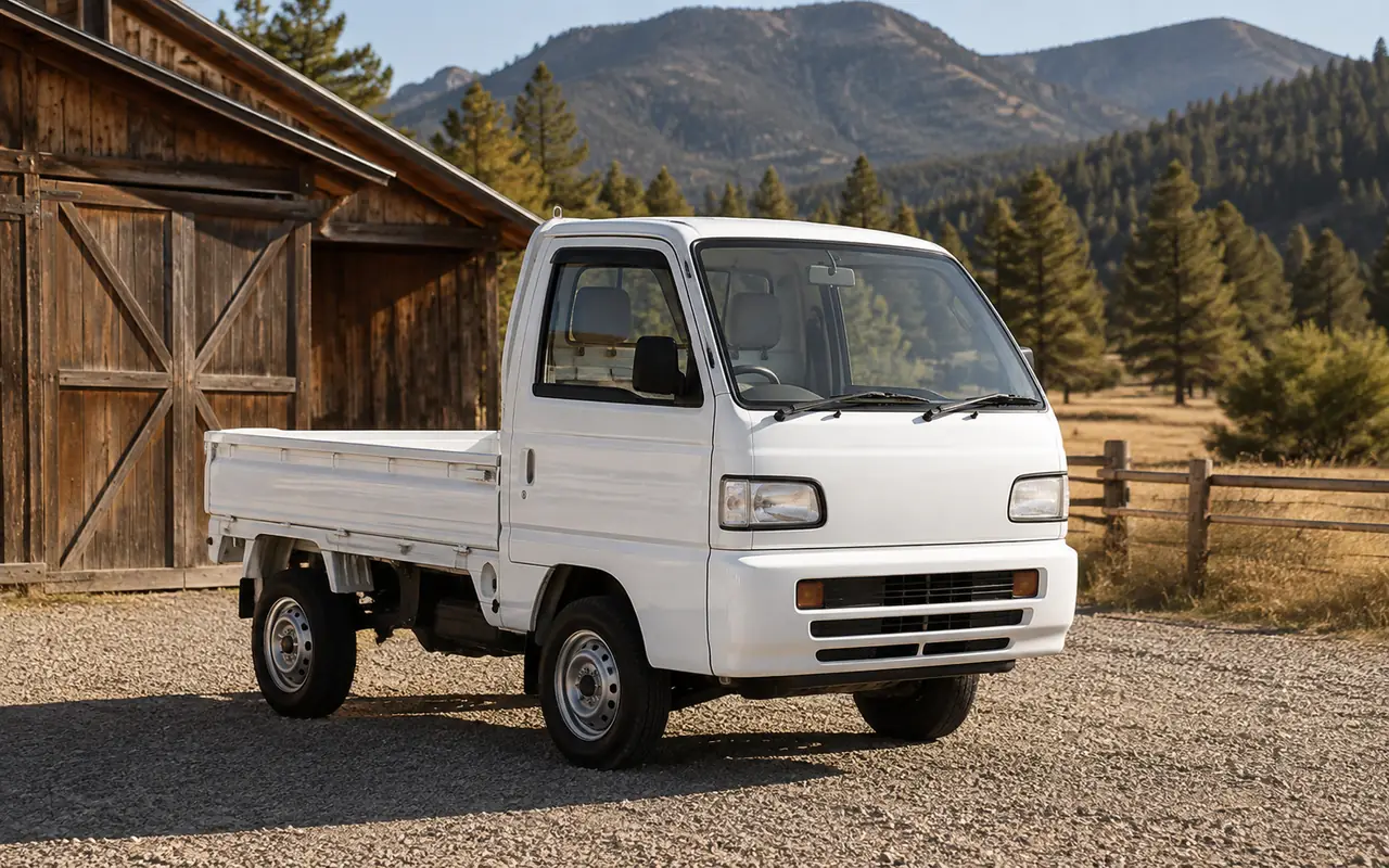 Kei truck Colorado guide: white compact pickup parked beside a foothills barn