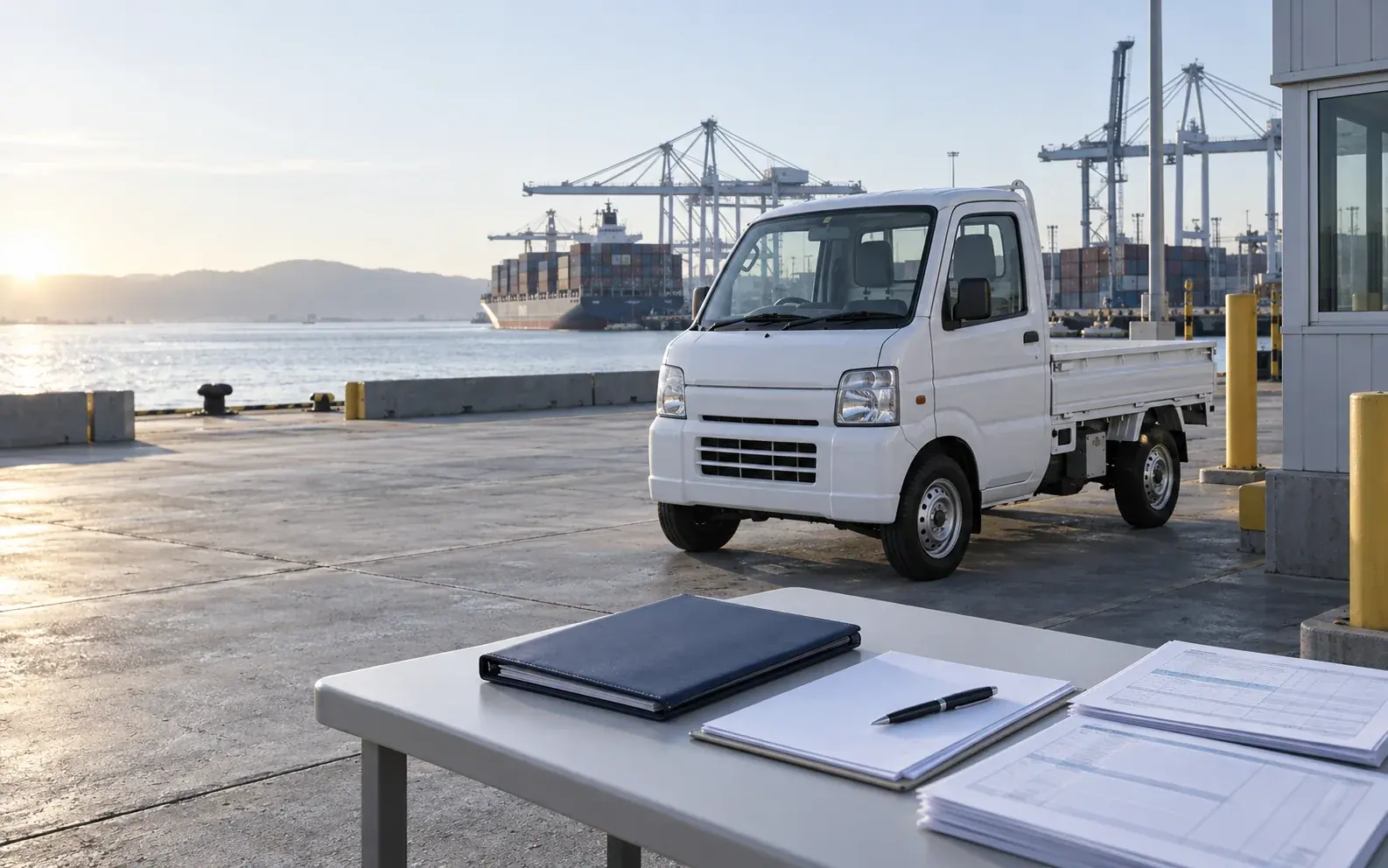 Kei truck tariff refunds: white Japanese mini pickup beside customs paperwork at a U.S. port