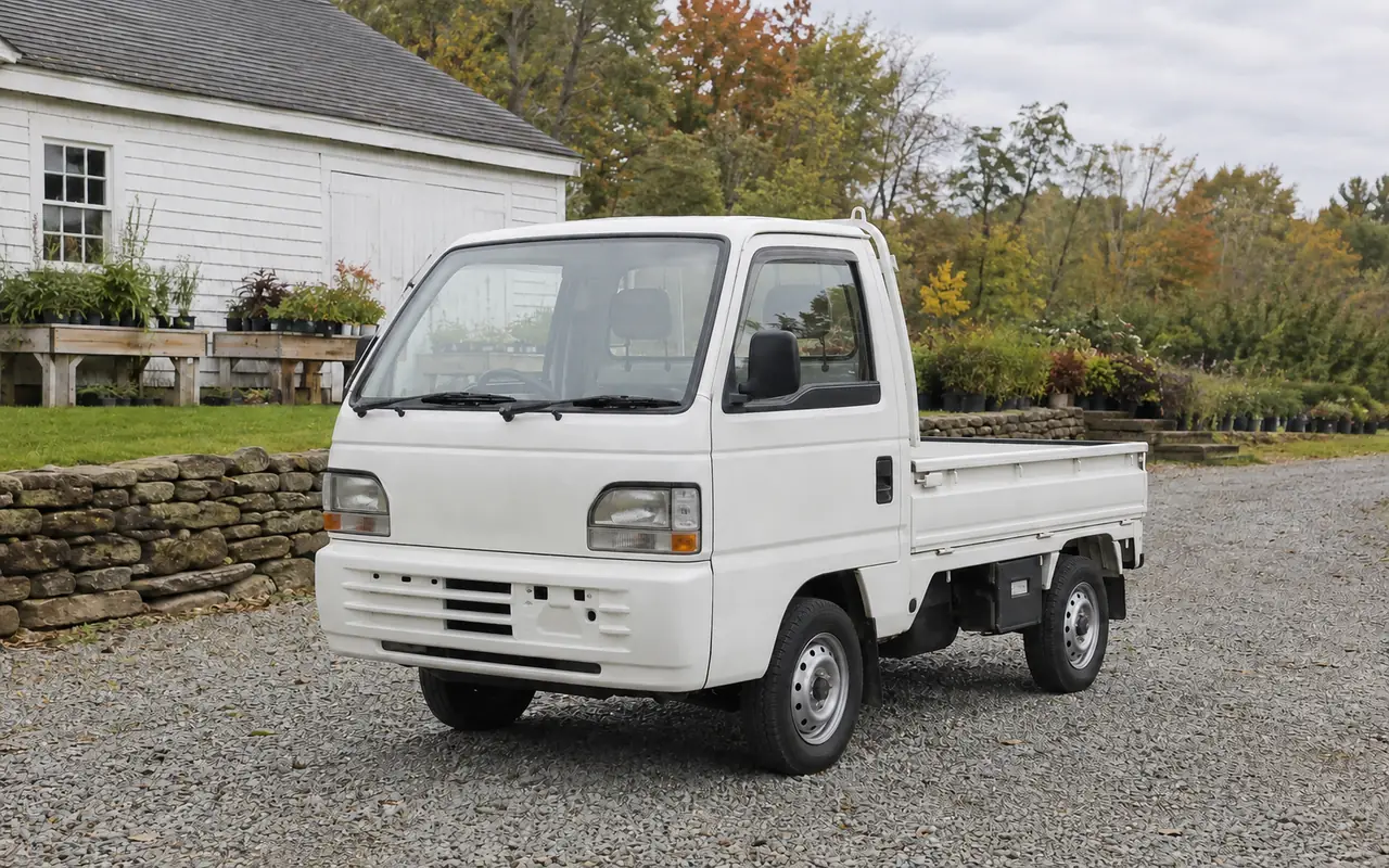 Kei trucks Connecticut guide: compact white pickup at a New England nursery