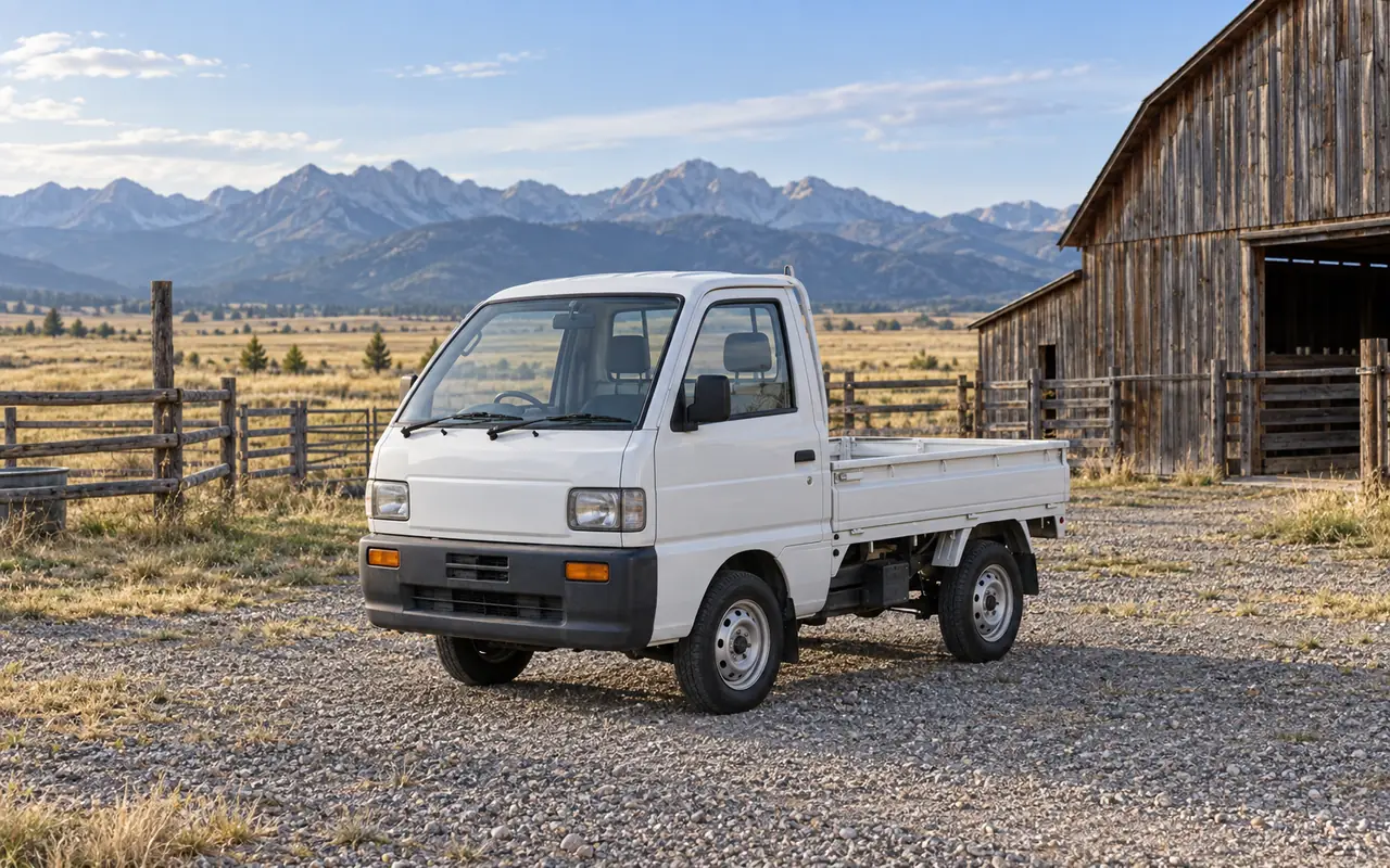 Kei trucks Montana guide with a compact white Japanese pickup in a regional work setting