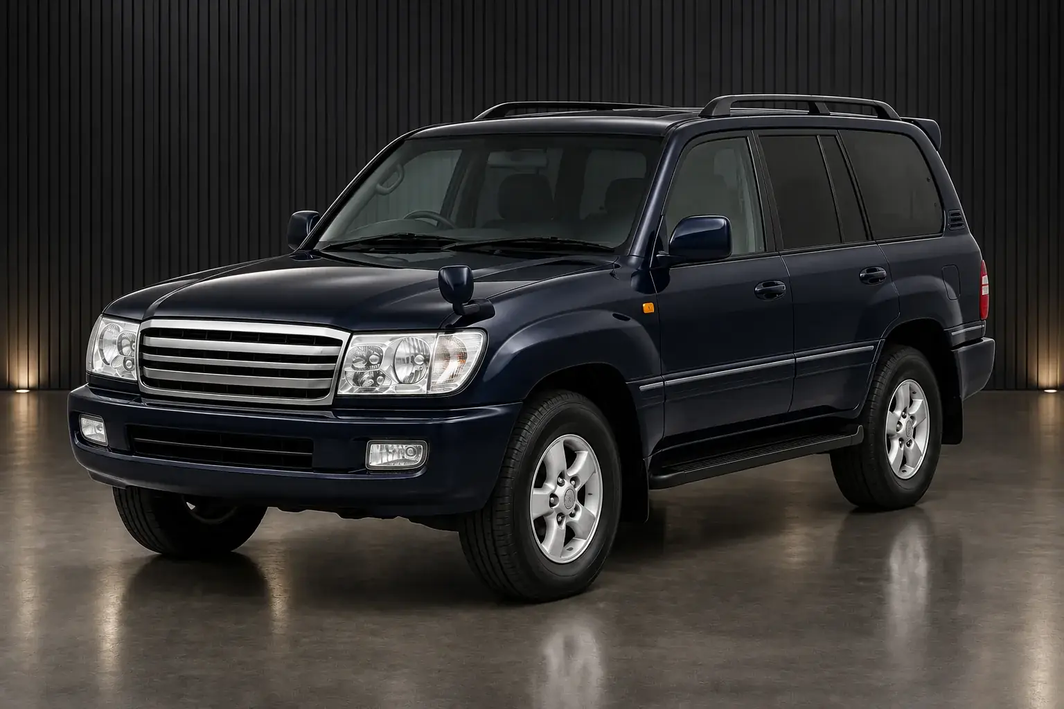 Dark blue Toyota Land Cruiser 100 Series wagon, front three-quarter view illustration